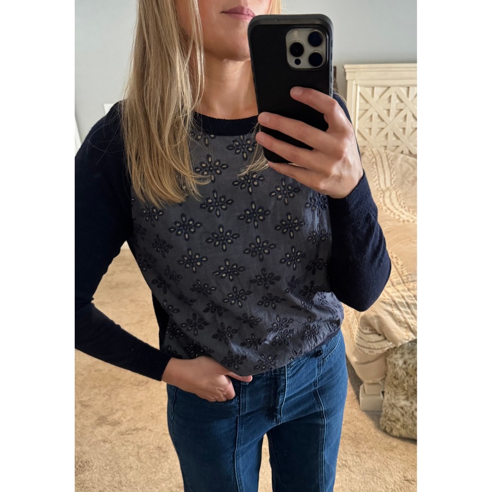 J.Crew Merino Wool Eyelet Front Sweater Navy Blue Grey Mixed Media A1882 Large